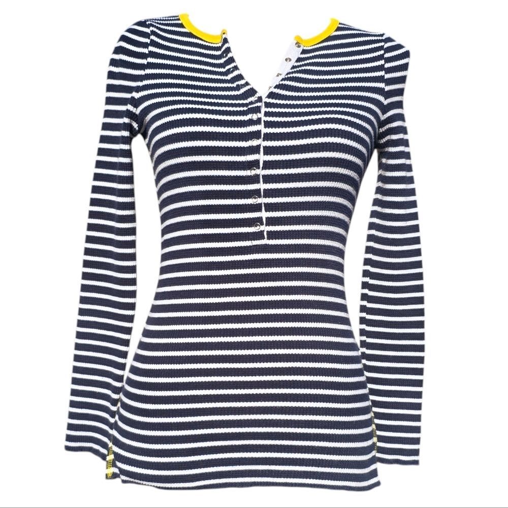 Charlotte Tarantola Women's Black/White Striped Henley‎ Neck T-Shirt Top Size XS
